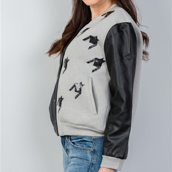 Black/Grey Colorblock Vegan Varsity Faux Leather Jacket Sequins Details - Picture 5 of 8